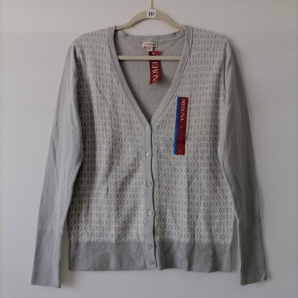 NWT Merona Womens Gray Argyle/Diamond Print Knit Cardigan Sweater Size Large